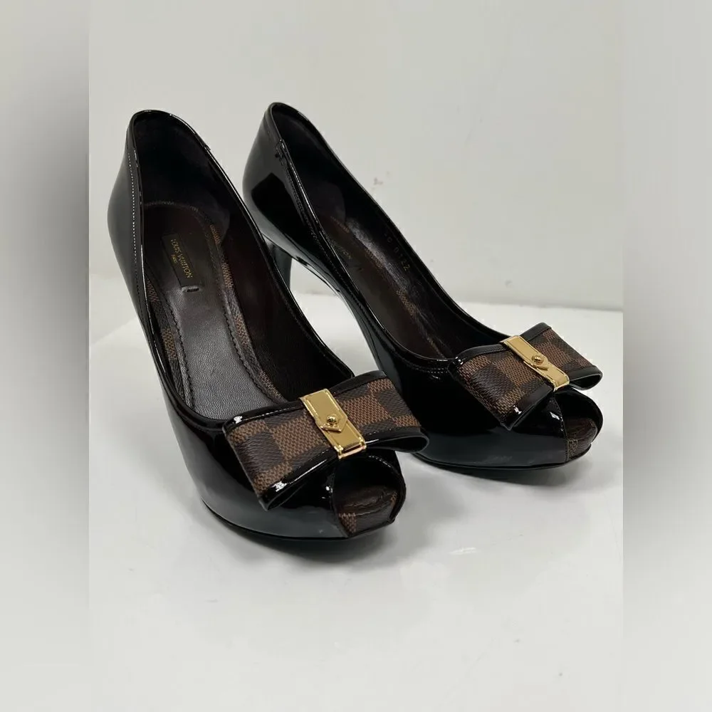 Louis Vuitton Brown Patent Leather Valentine Peep Toe Pumps Size 41